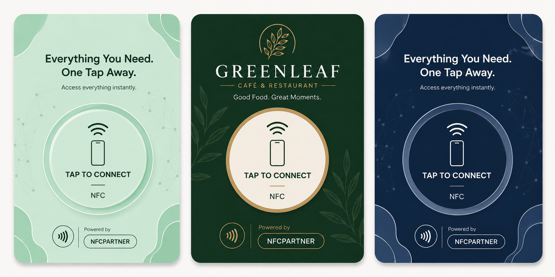 Three NFC Partner cards side by side: mint green example, Greenleaf branded custom design, and dark navy example.