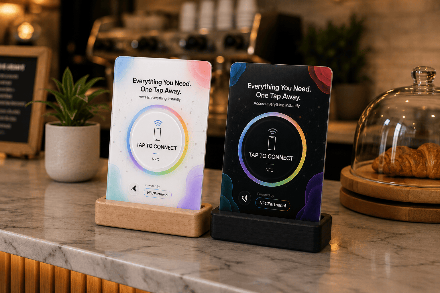 Light and dark NFC Smart Cards displayed together on a café counter.